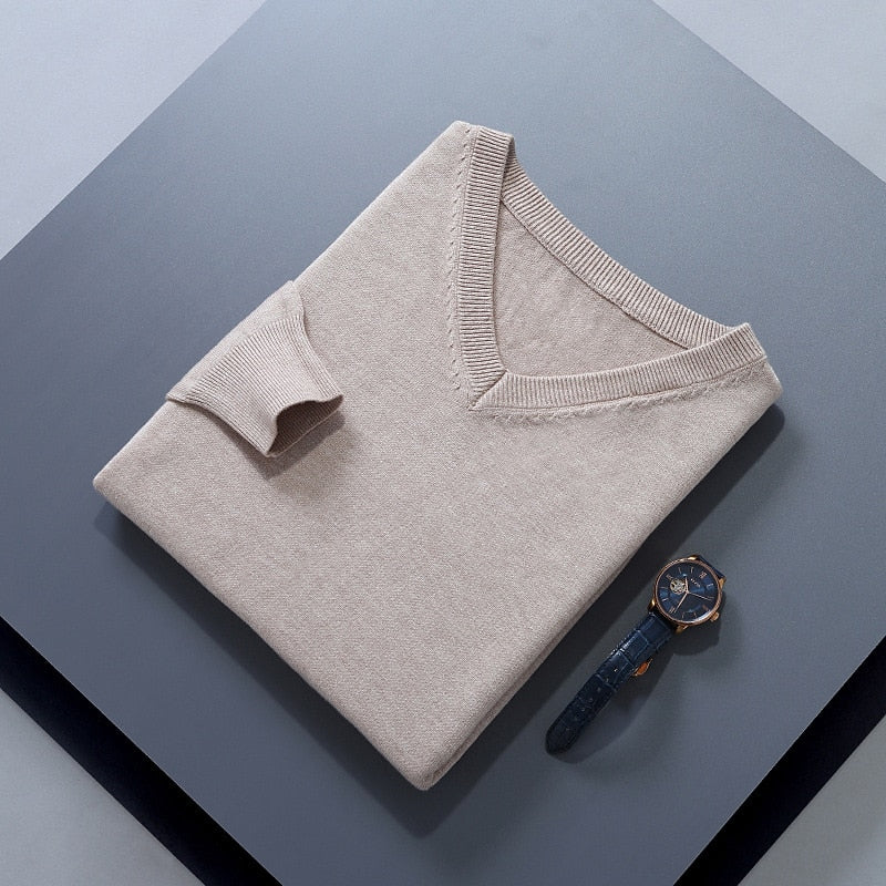 Men's oatmeal classic V-neck ribbed-trim knit pullover sweater