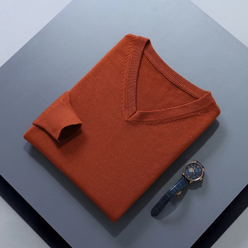 Men's rust classic V-neck ribbed-trim knit pullover sweater