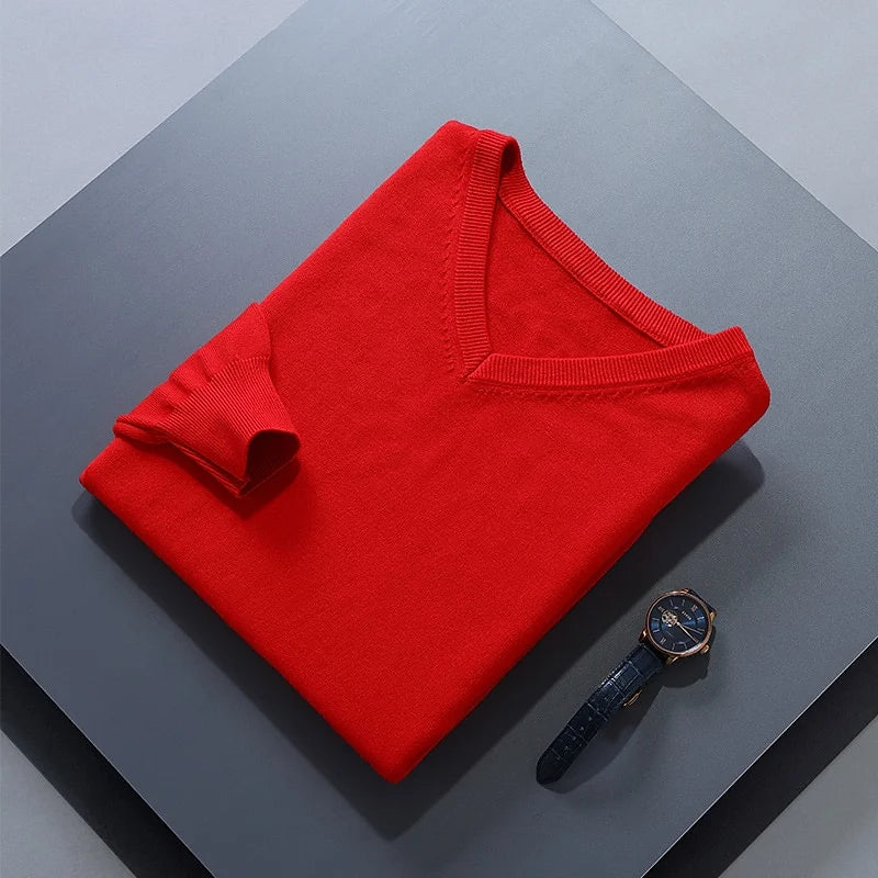Men's red classic V-neck ribbed-trim knit pullover sweater