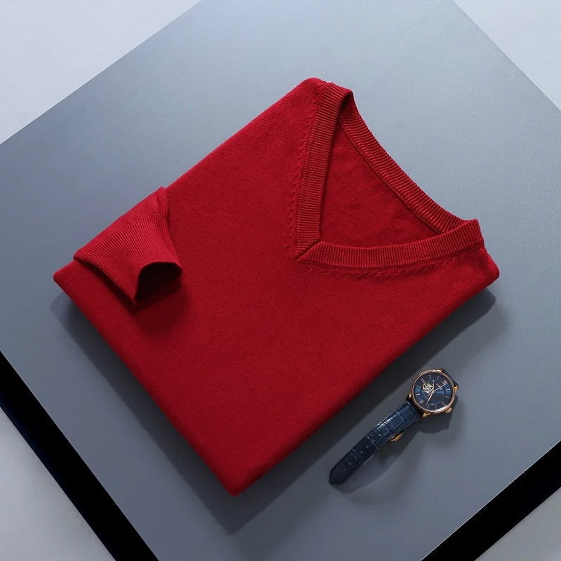 Men's wine classic V-neck ribbed-trim knit pullover sweater