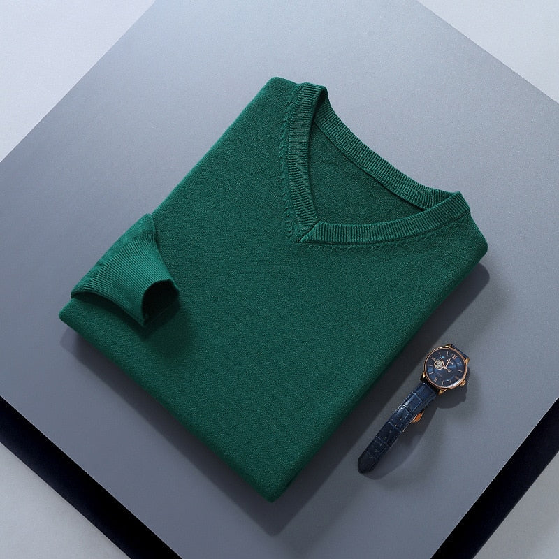 Men's dark green classic V-neck ribbed-trim knit pullover sweater