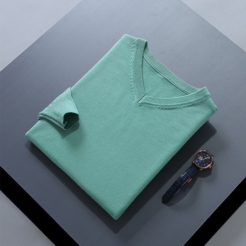 Men's green classic V-neck ribbed-trim knit pullover sweater