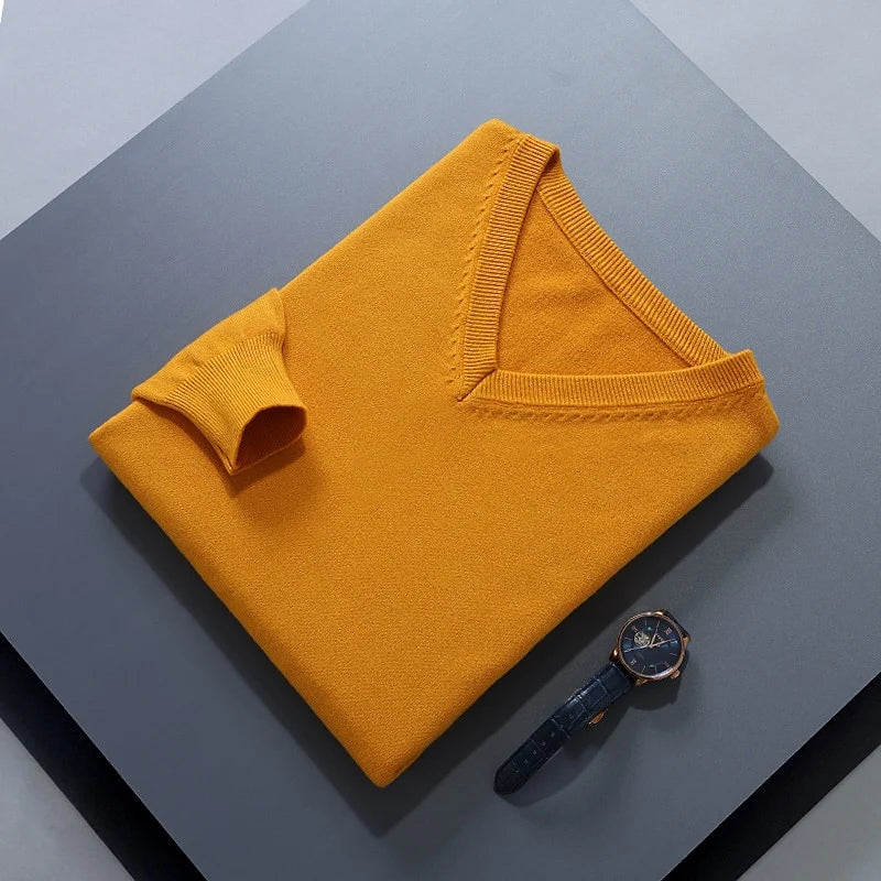 Men's yellow classic V-neck ribbed-trim knit pullover sweater