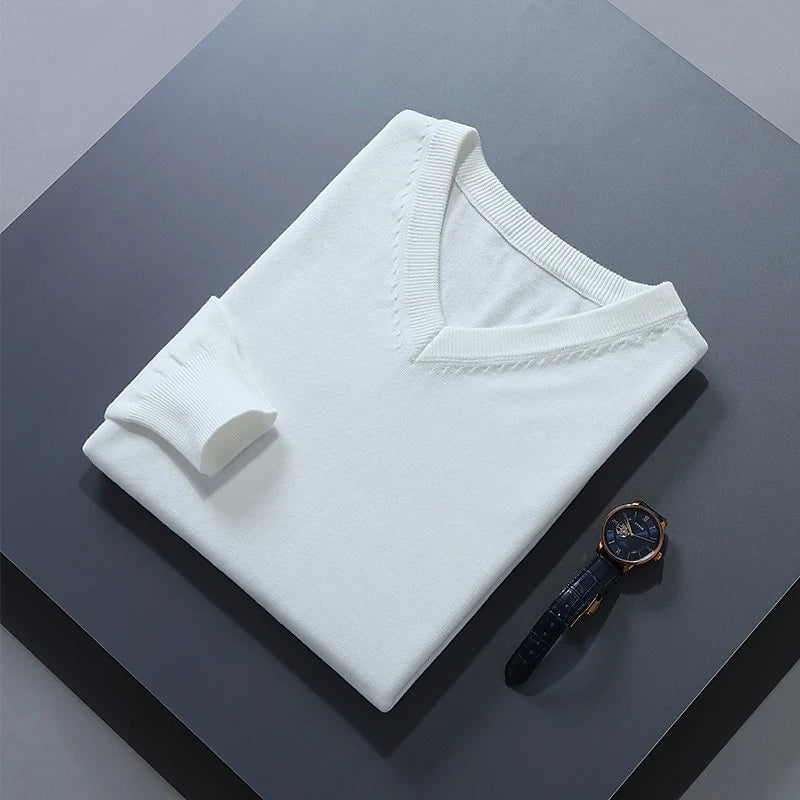 Men's white classic V-neck ribbed-trim knit pullover sweater