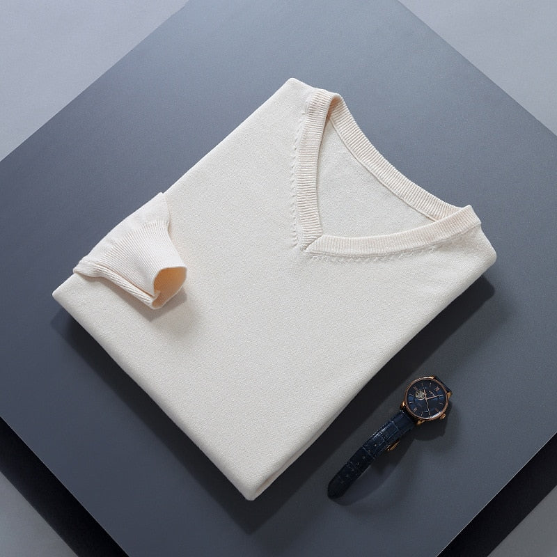 Men's beige classic V-neck ribbed-trim knit pullover sweater