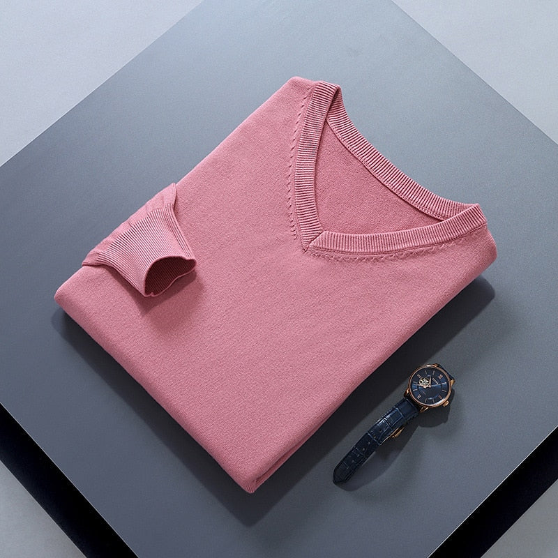 Men's pink classic V-neck ribbed-trim knit pullover sweater