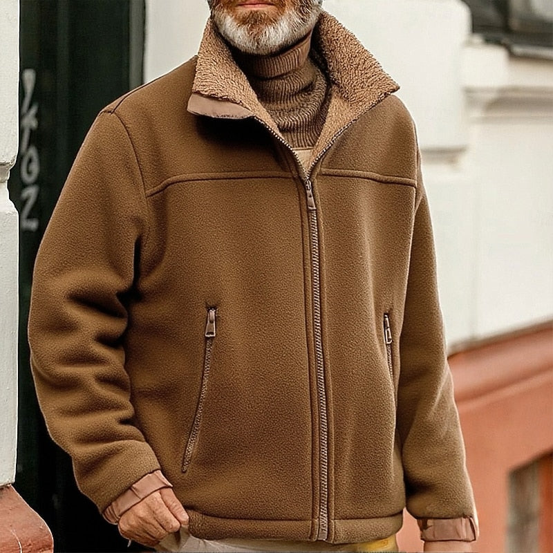 Men's brown full-zip Fleece Jacket with Sherpa Collar Trim