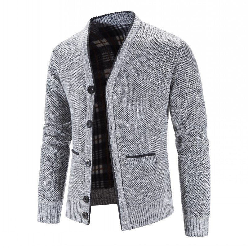 Men's light gray button-front V-Neck Knit Cardigan with Patch Pockets