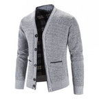 Men's light gray button-front V-Neck Knit Cardigan with Patch Pockets