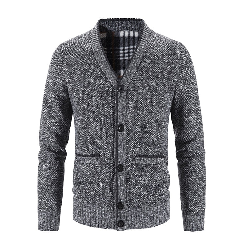 Men's dark gray button-front V-Neck Knit Cardigan with Patch Pockets