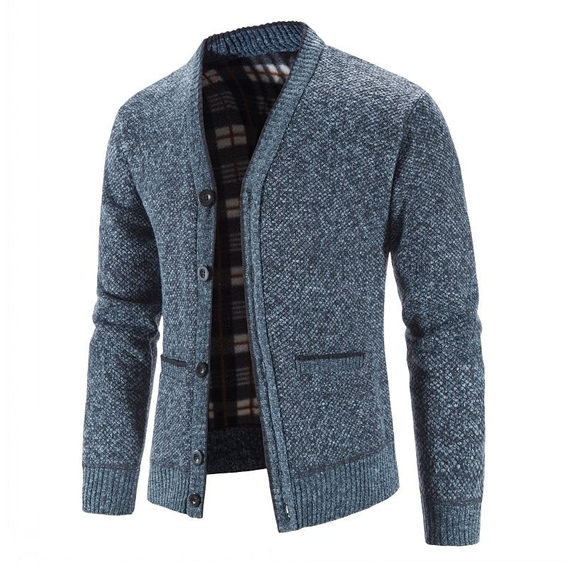 Men's blue button-front V-Neck Knit Cardigan with Patch Pockets
