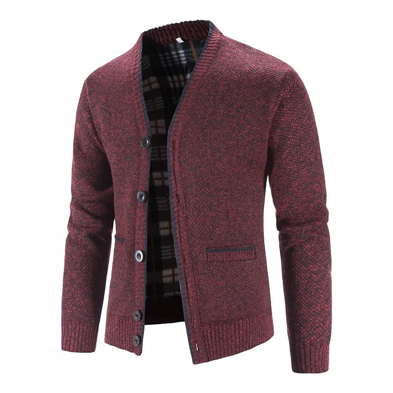 Men's red button-front V-Neck Knit Cardigan with Patch Pockets