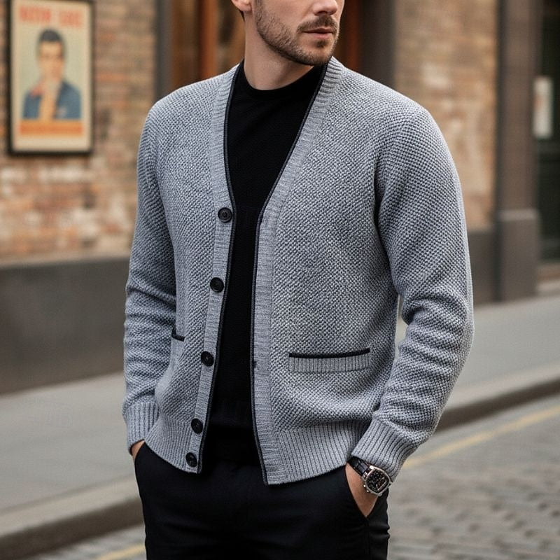 Men's red button-front V-Neck Knit Cardigan with Patch Pockets
