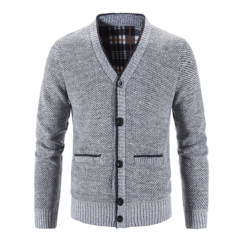 Men's red button-front V-Neck Knit Cardigan with Patch Pockets