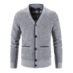 Men's red button-front V-Neck Knit Cardigan with Patch Pockets