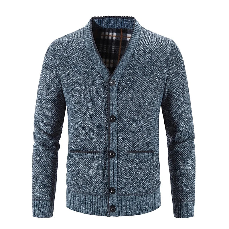 Men's red button-front V-Neck Knit Cardigan with Patch Pockets