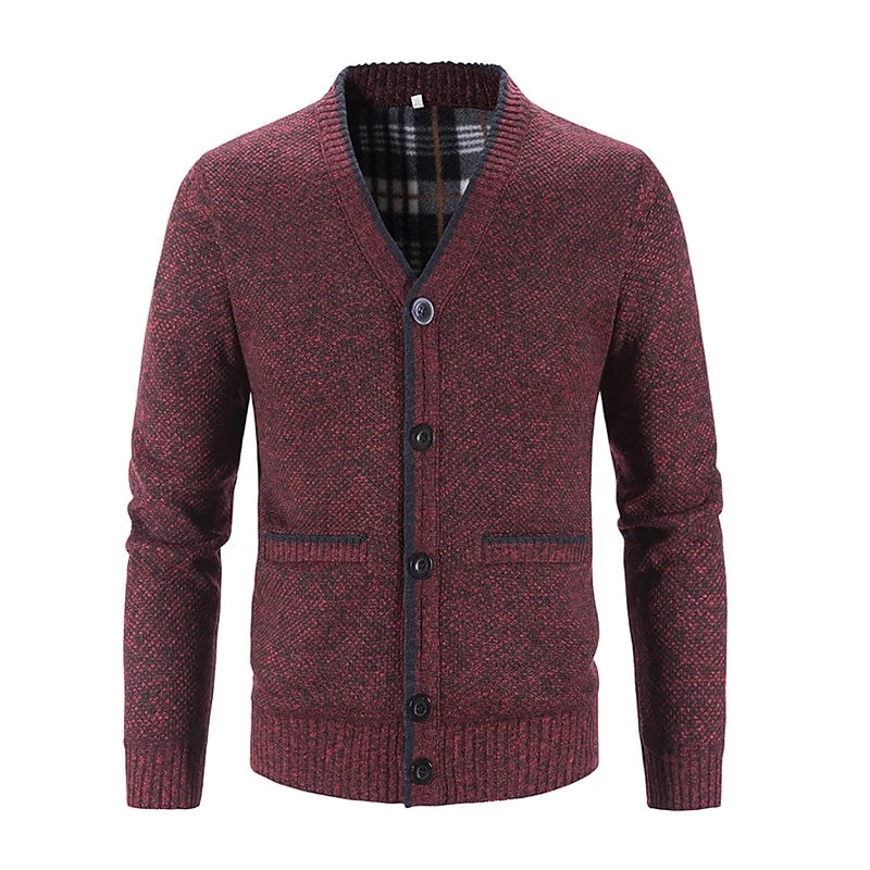 Men's red button-front V-Neck Knit Cardigan with Patch Pockets