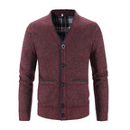 Men's red button-front V-Neck Knit Cardigan with Patch Pockets