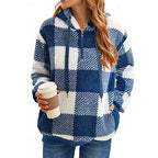 Women's blue buffalo Plaid Sherpa Fleece Quarter-Zip Hoodie