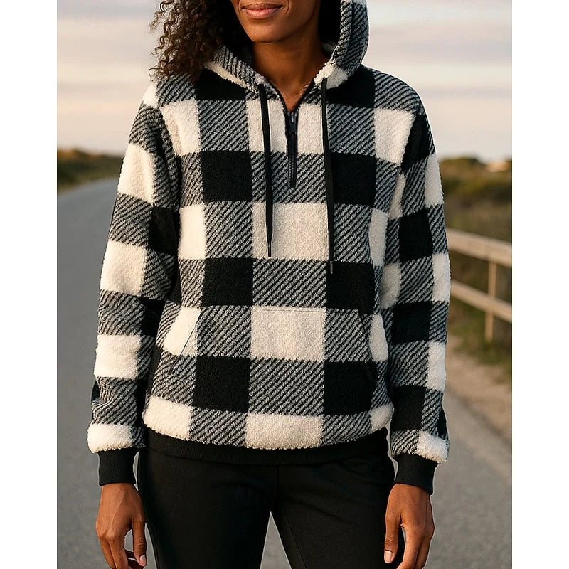Women's black buffalo Plaid Sherpa Fleece Quarter-Zip Hoodie