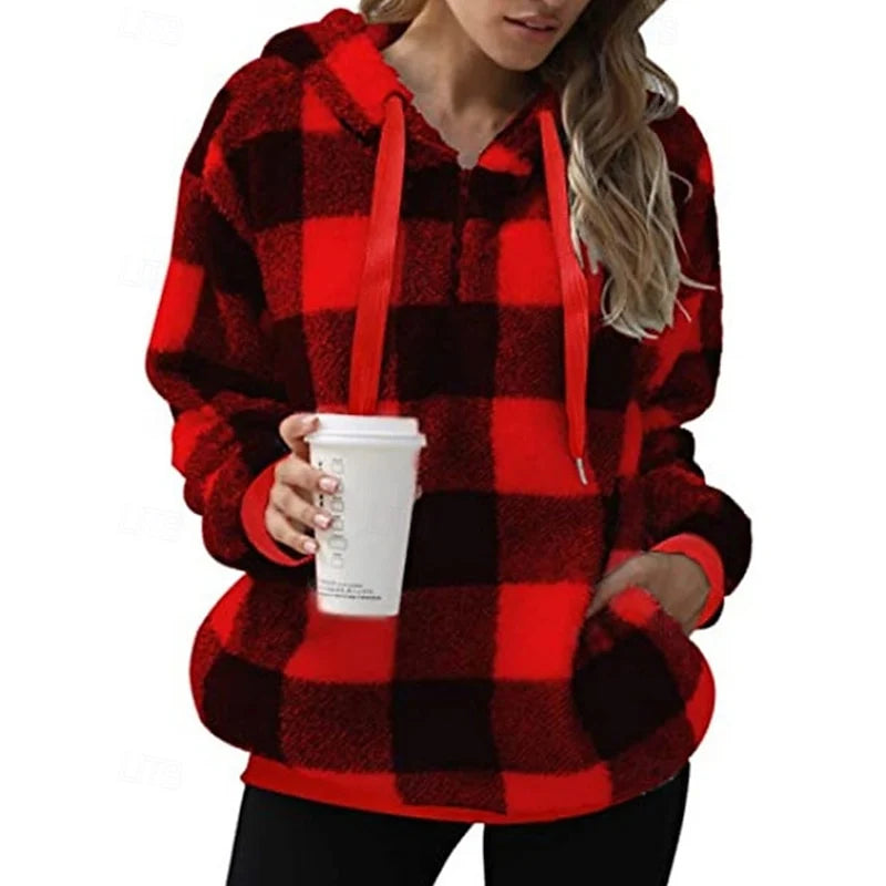 Women's green buffalo Plaid Sherpa Fleece Quarter-Zip Hoodie