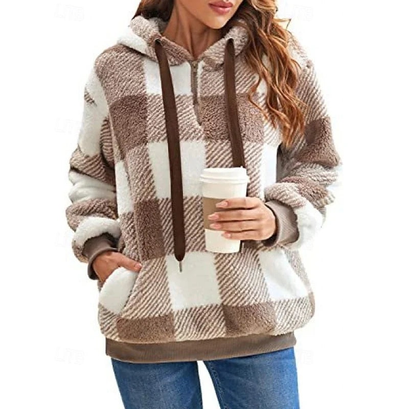 Women's pink buffalo Plaid Sherpa Fleece Quarter-Zip Hoodie