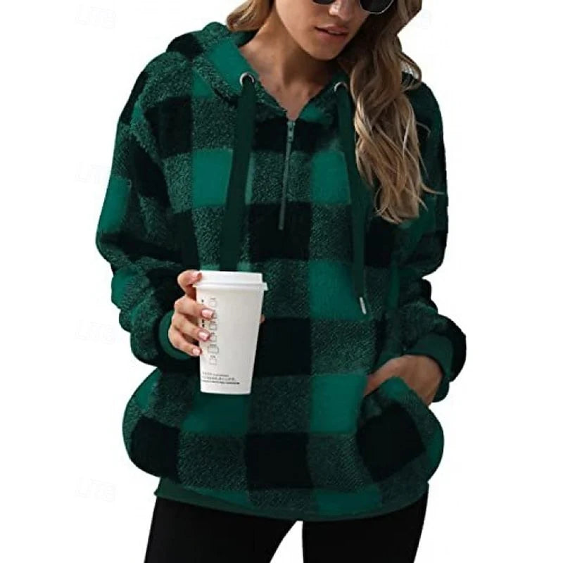 Women's light green buffalo Plaid Sherpa Fleece Quarter-Zip Hoodie