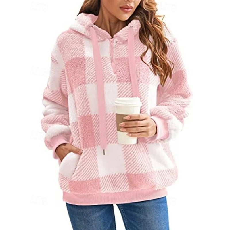 Women's light green buffalo Plaid Sherpa Fleece Quarter-Zip Hoodie