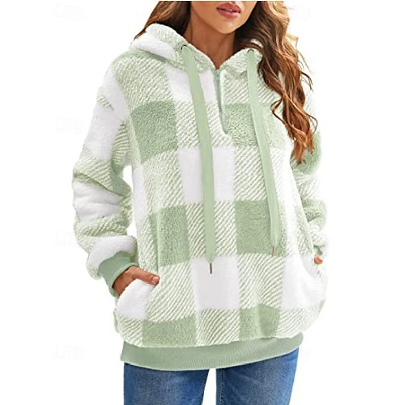 Women's light green buffalo Plaid Sherpa Fleece Quarter-Zip Hoodie