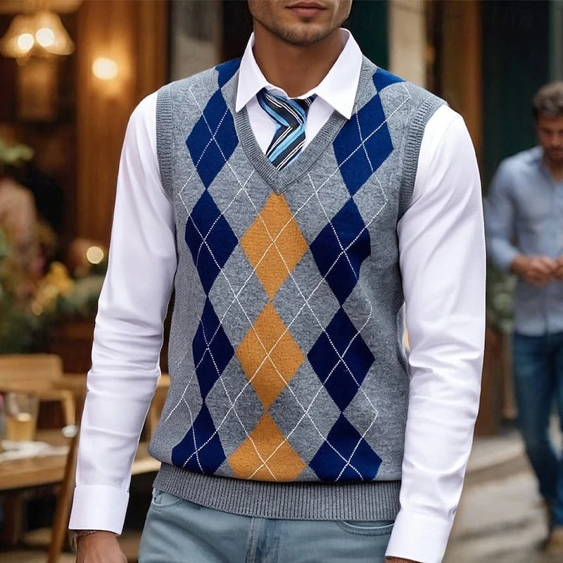 Men's gray classic Argyle V-Neck Sweater Vest, Ribbed Trim