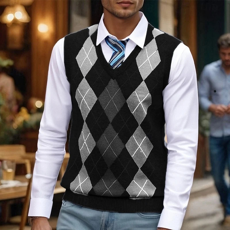 Men's black classic Argyle V-Neck Sweater Vest, Ribbed Trim