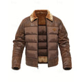 Men's dark brown insulated winter puffer jacket with stand collar