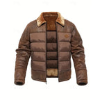 Men's dark brown insulated winter puffer jacket with stand collar