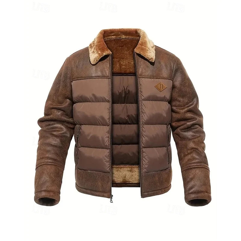 Men's dark brown insulated winter puffer jacket with stand collar