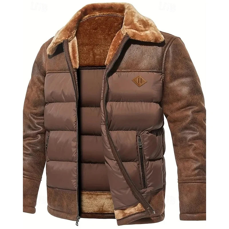 Men's dark brown insulated winter puffer jacket with stand collar