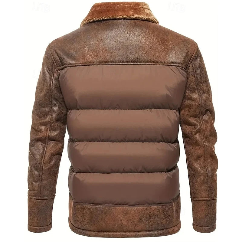 Men's dark brown insulated winter puffer jacket with stand collar
