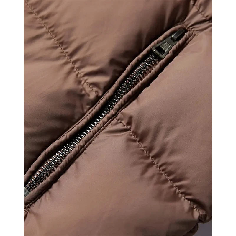Men's dark brown insulated winter puffer jacket with stand collar