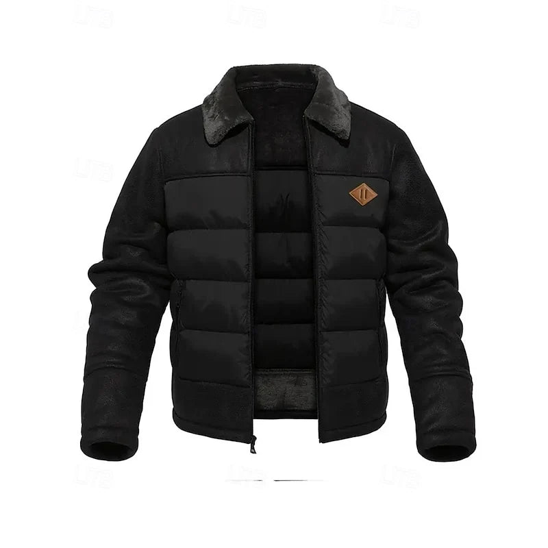 Men's black insulated winter puffer jacket with stand collar