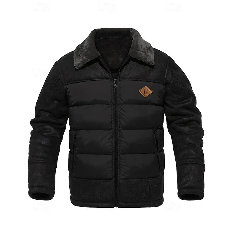 Men's black insulated winter puffer jacket with stand collar