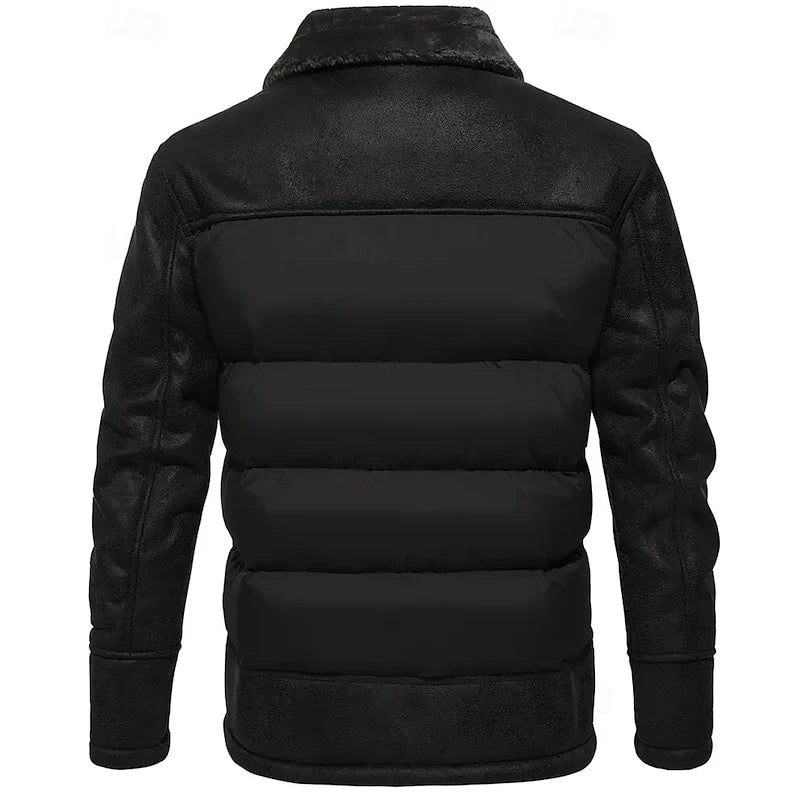 Men's black insulated winter puffer jacket with stand collar