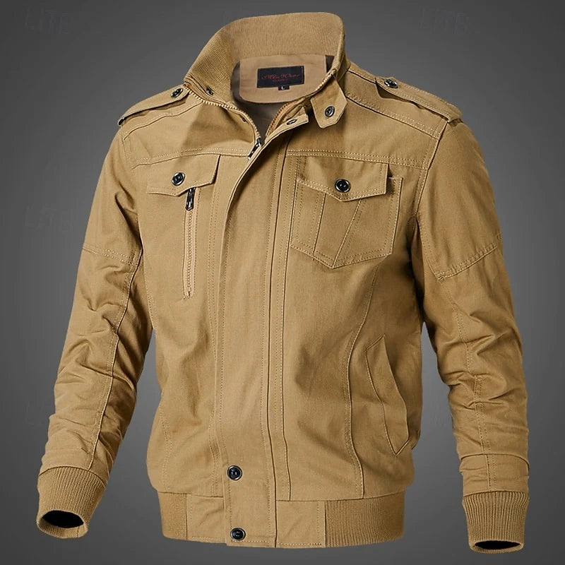 Men's khaki rugged Stand-Collar Field Jacket with Epaulettes
