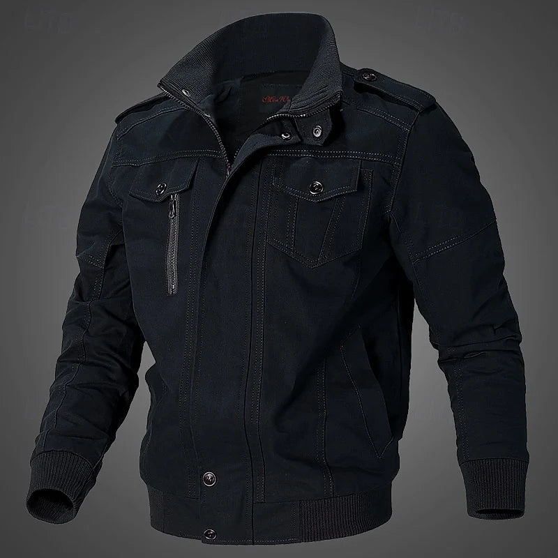 Men's black rugged Stand-Collar Field Jacket with Epaulettes