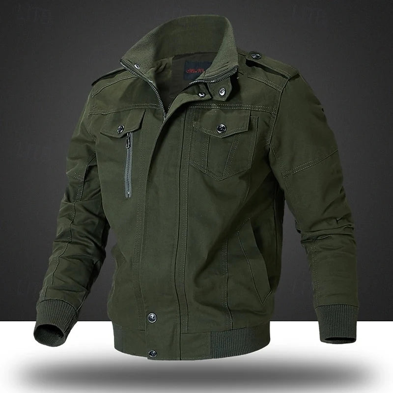 Men's army green rugged Stand-Collar Field Jacket with Epaulettes