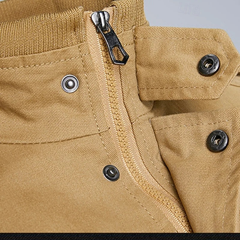 Men's army green rugged Stand-Collar Field Jacket with Epaulettes