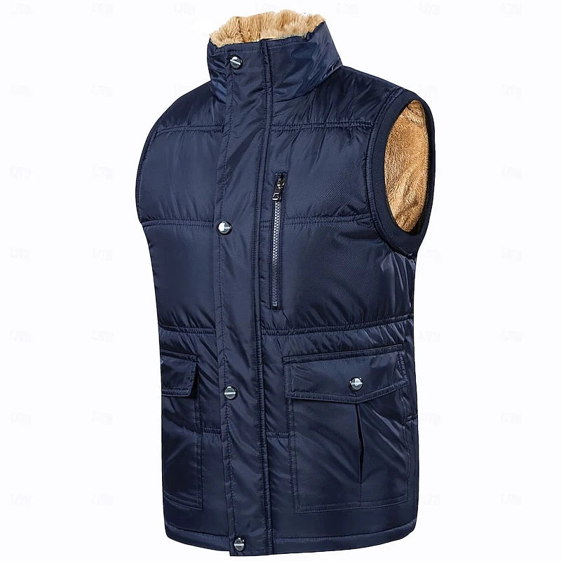 Men's blue sherpa-Lined Quilted Puffer Vest with Stand Collar