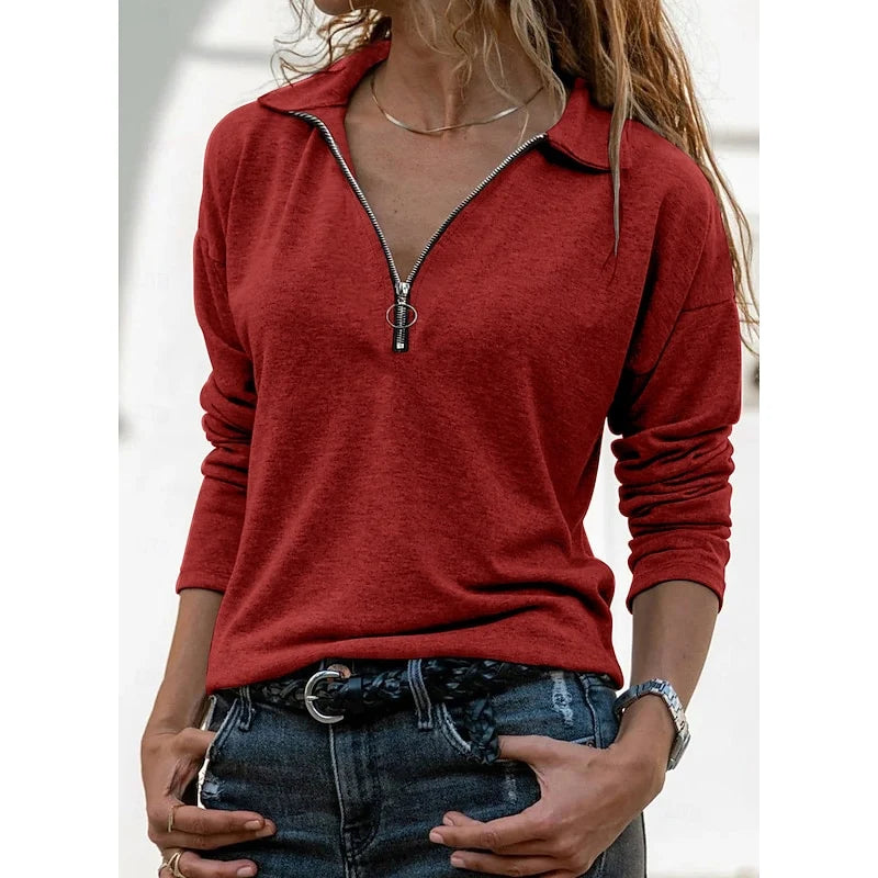 Women's red quarter-zip polo sweater top in relaxed fit