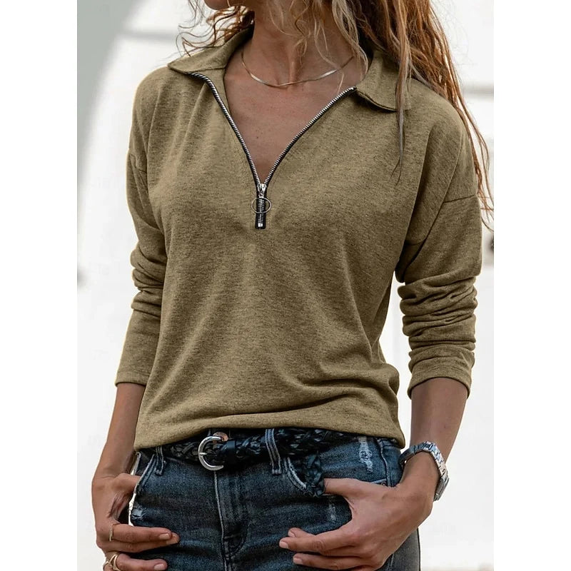 Women's khaki quarter-zip polo sweater top in relaxed fit