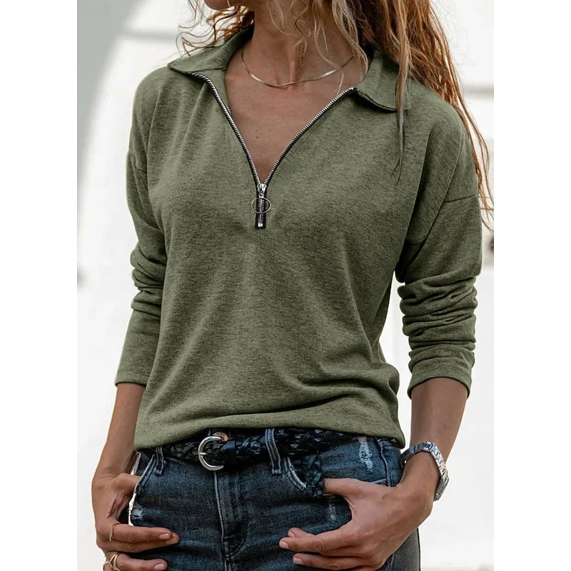 Women's green quarter-zip polo sweater top in relaxed fit