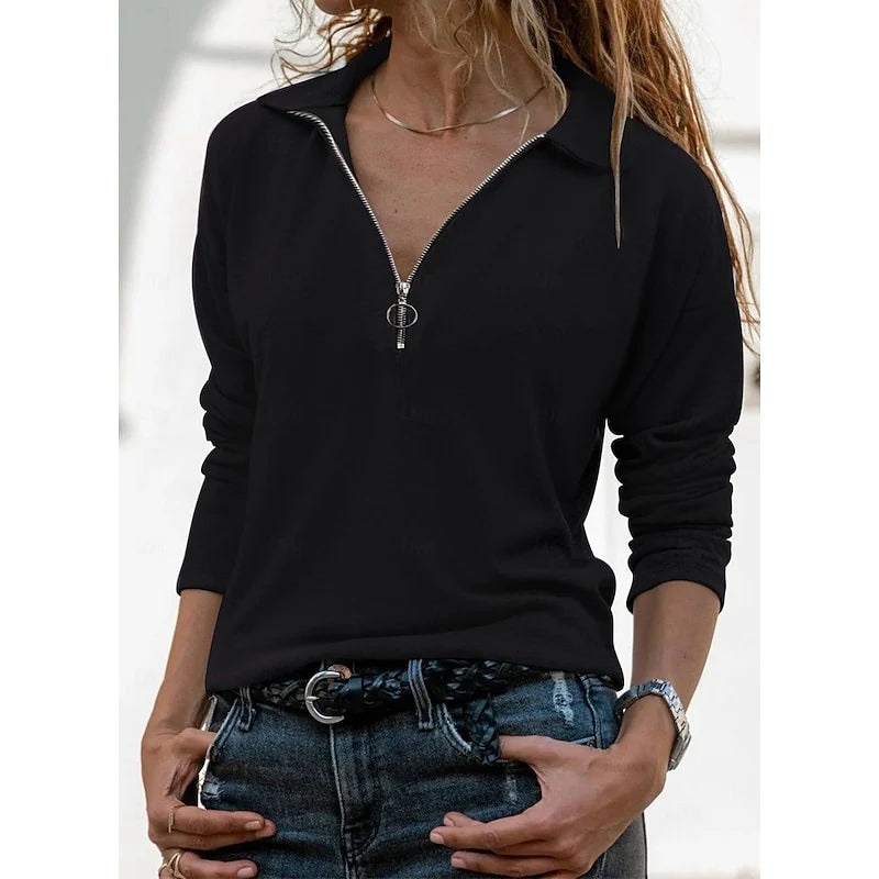 Women's black quarter-zip polo sweater top in relaxed fit