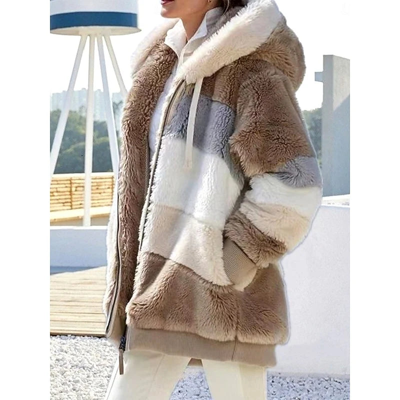 Women's rose red hooded Sherpa Fleece Jacket, Colorblock Design